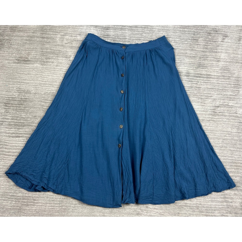 Carole Little Skirt Women 10P Blue Midi A-Line Button Front Crinkle Gauze Boho